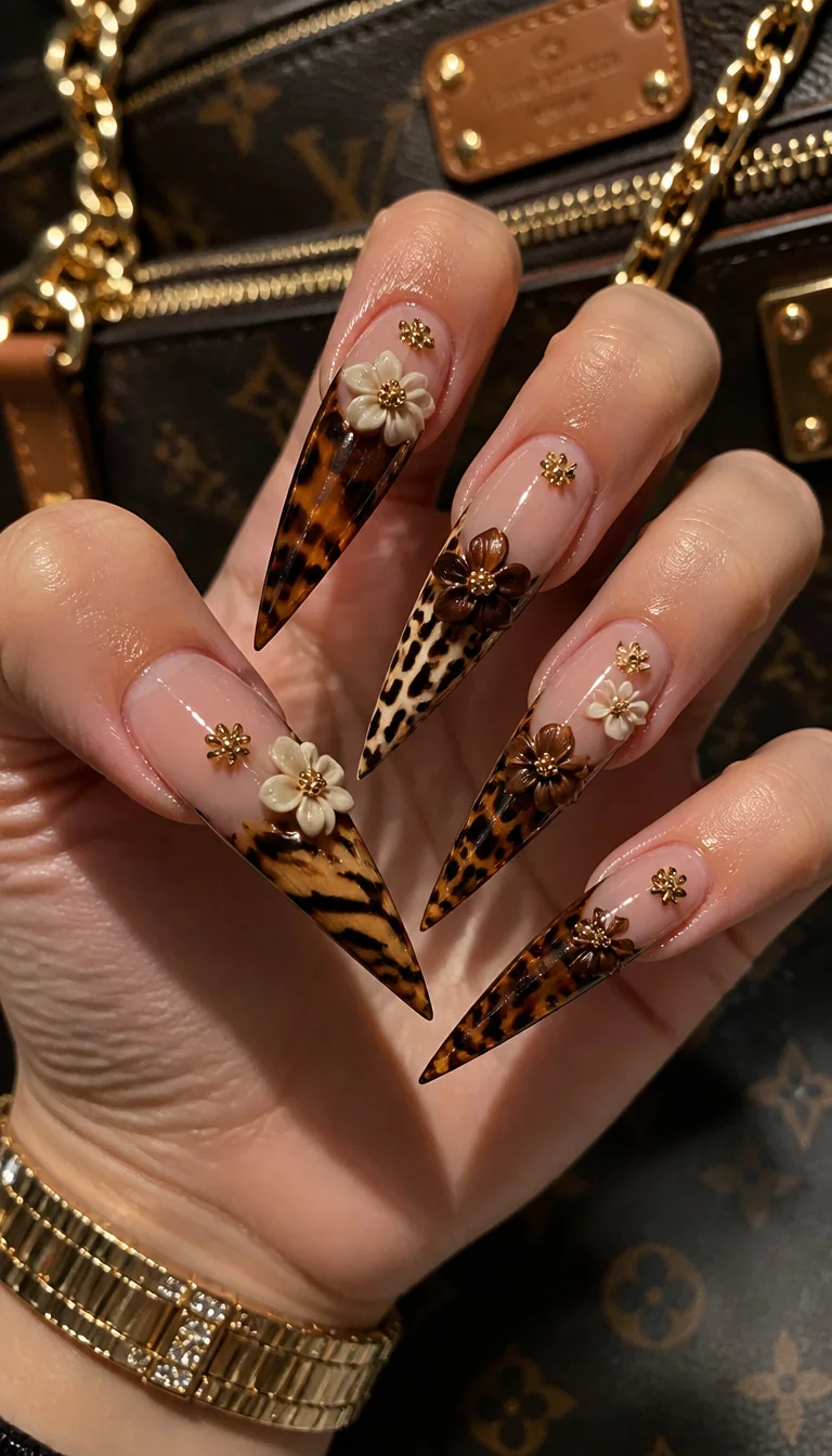 Wild Animal Print Stiletto Drama close-up shot of a woman’s hand with five fingers showing extremely long stiletto nails with leopard and tiger print French tips, tortoiseshell patterns, and 3D floral embellishments, luxury handbag background.