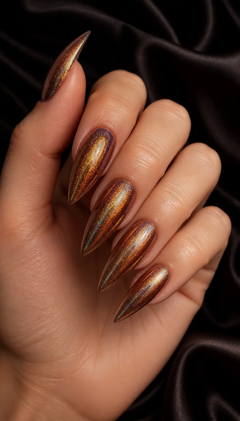 Iridescent Brown Gold Shimmer close-up shot of a woman’s hand with five fingers showing stiletto shaped nails with shimmering iridescent brown and gold polish flowing from tip to cuticle, dark silk background.