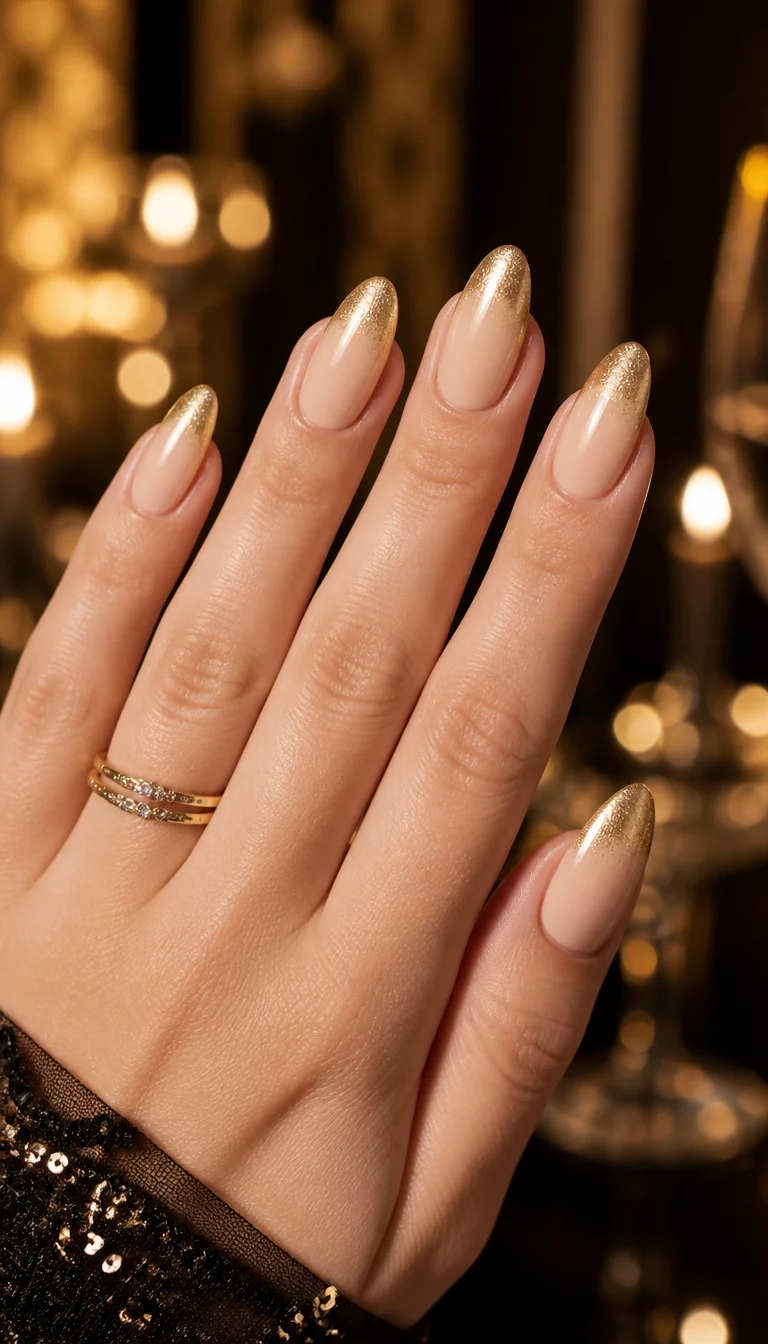 Golden Radiance Nude Ombre close-up shot of a woman’s hand with five fingers showing almond shaped nails with a gradient from a natural beige base to shimmering metallic gold tips, elegant evening background.
