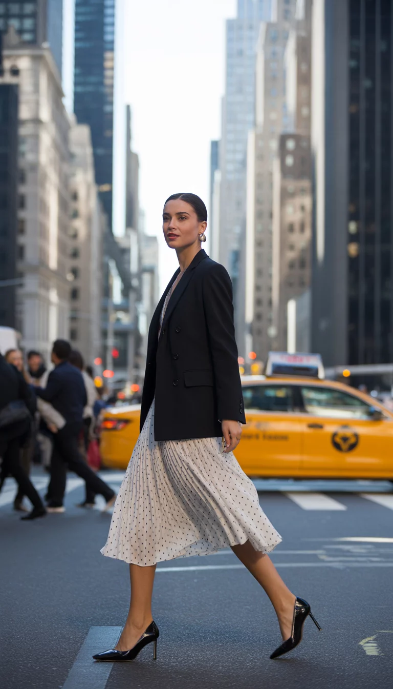 A beautiful 27-year-old woman in a black blazer, white polka dot midi skirt, and black leather pumps, walking on a busy New York City street.