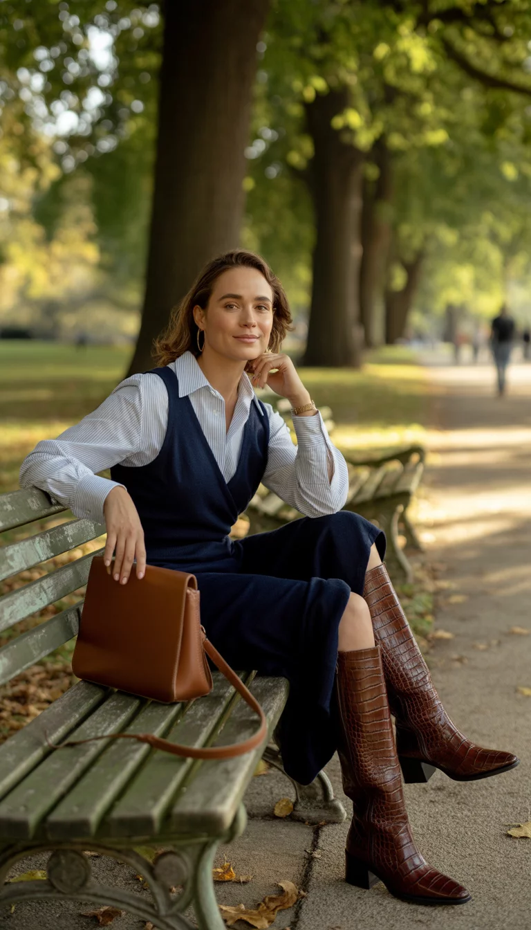 A beautiful 30-year-old woman in a striped collared shirt, navy jumper dress, tall brown crocodile-print boots, and a brown leather bag, sitting on a park bench.