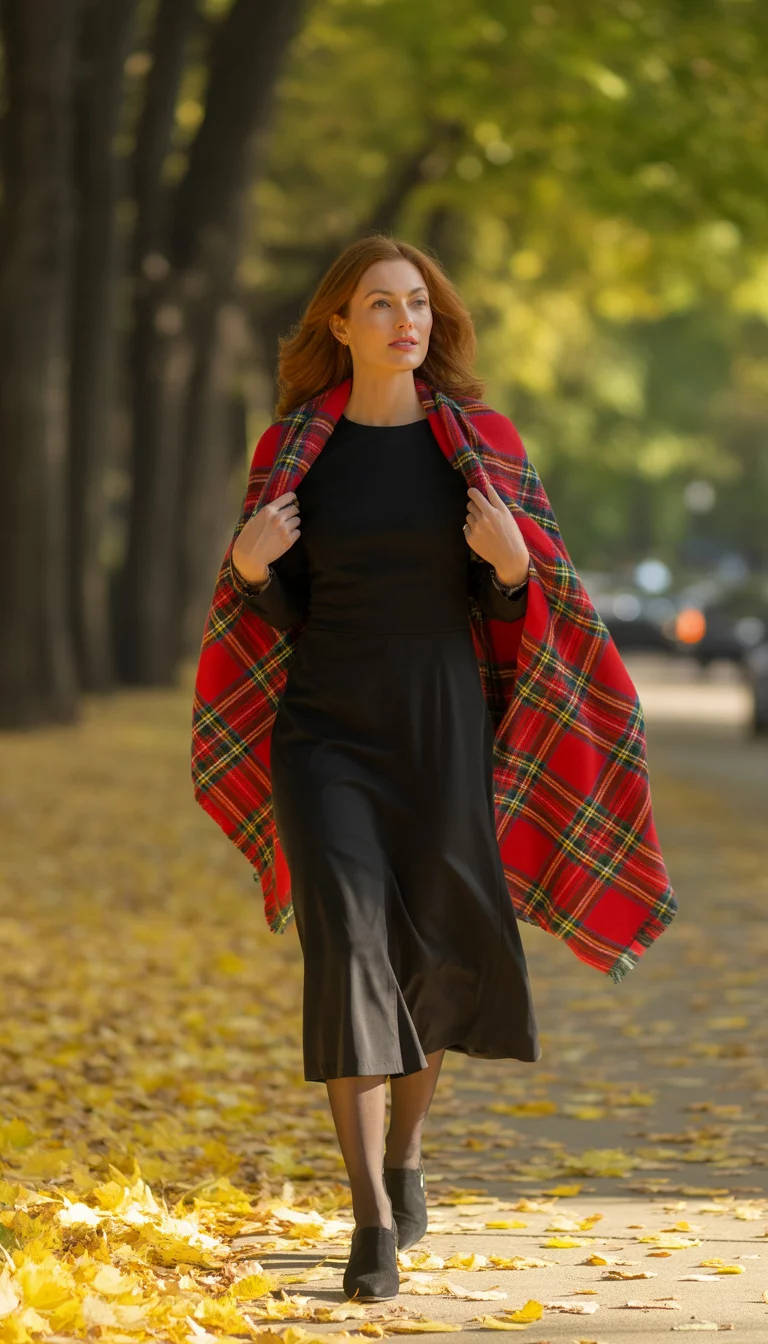 A beautiful 33-year-old woman in a black midi dress and a red plaid blanket scarf, walking on a sidewalk covered in fallen yellow leaves.