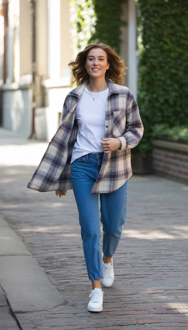 A beautiful 26-year-old woman in an open plaid shacket, white t-shirt, blue jeans, and white leather sneakers, walking on a brick pathway near a building.