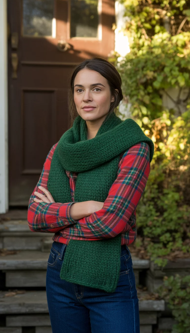 A beautiful 31-year-old woman in a red and green plaid shirt, dark blue jeans, and a thick green knit scarf, standing on stone steps in front of a rustic wooden door.