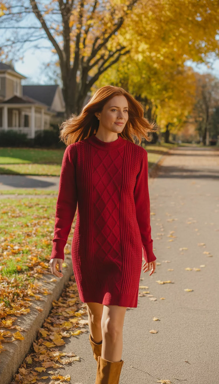 A beautiful 29-year-old woman in a red diamond-pattern knit sweater dress and tan suede boots, walking down a suburban street with fall trees.