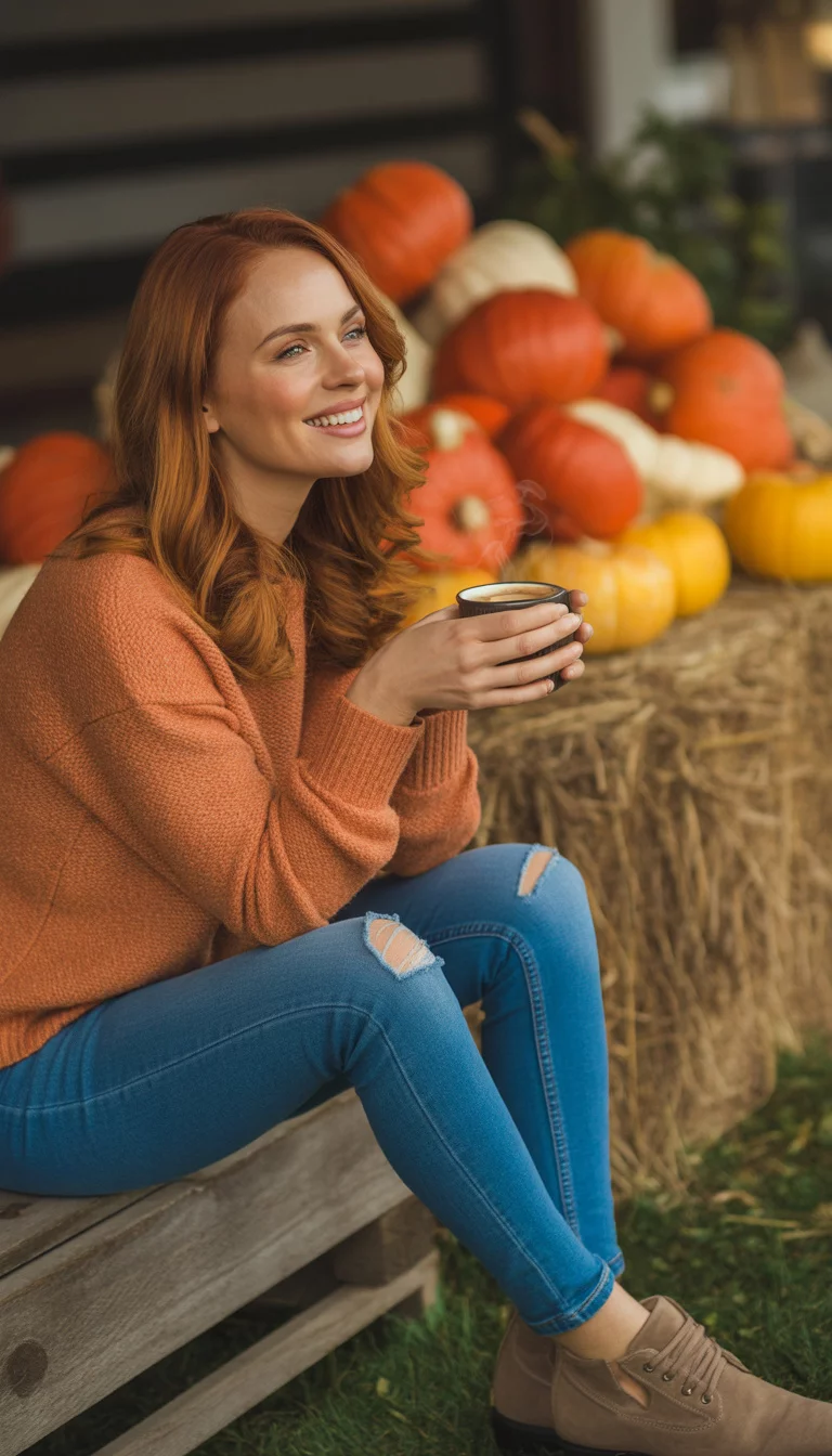 A beautiful 27-year-old woman in a textured orange sweater, blue ripped jeans, and taupe suede booties, holding a coffee cup in front of a pumpkin display.