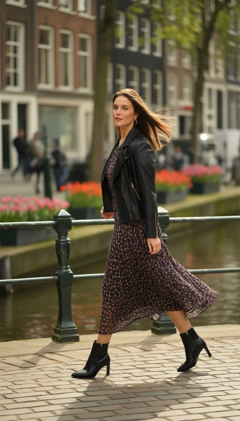 A beautiful 30-year-old woman in a floral midi dress, black leather jacket, and black heeled boots, walking down a cobblestone street in Amsterdam.