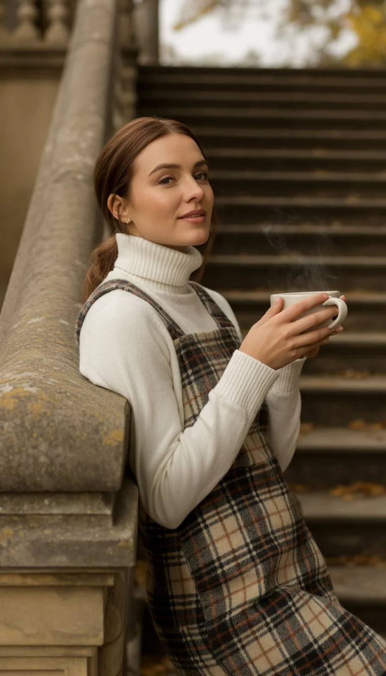 A beautiful 24-year-old woman in a white turtleneck sweater under a plaid jumper dress, holding a white coffee cup and leaning on a metal railing on stone steps.