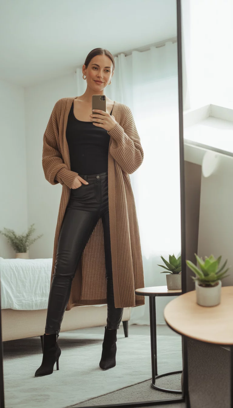 A beautiful 36-year-old woman in a tan knit cardigan, black tank top, black skinny jeans, and black heeled boots, taking a mirror selfie.