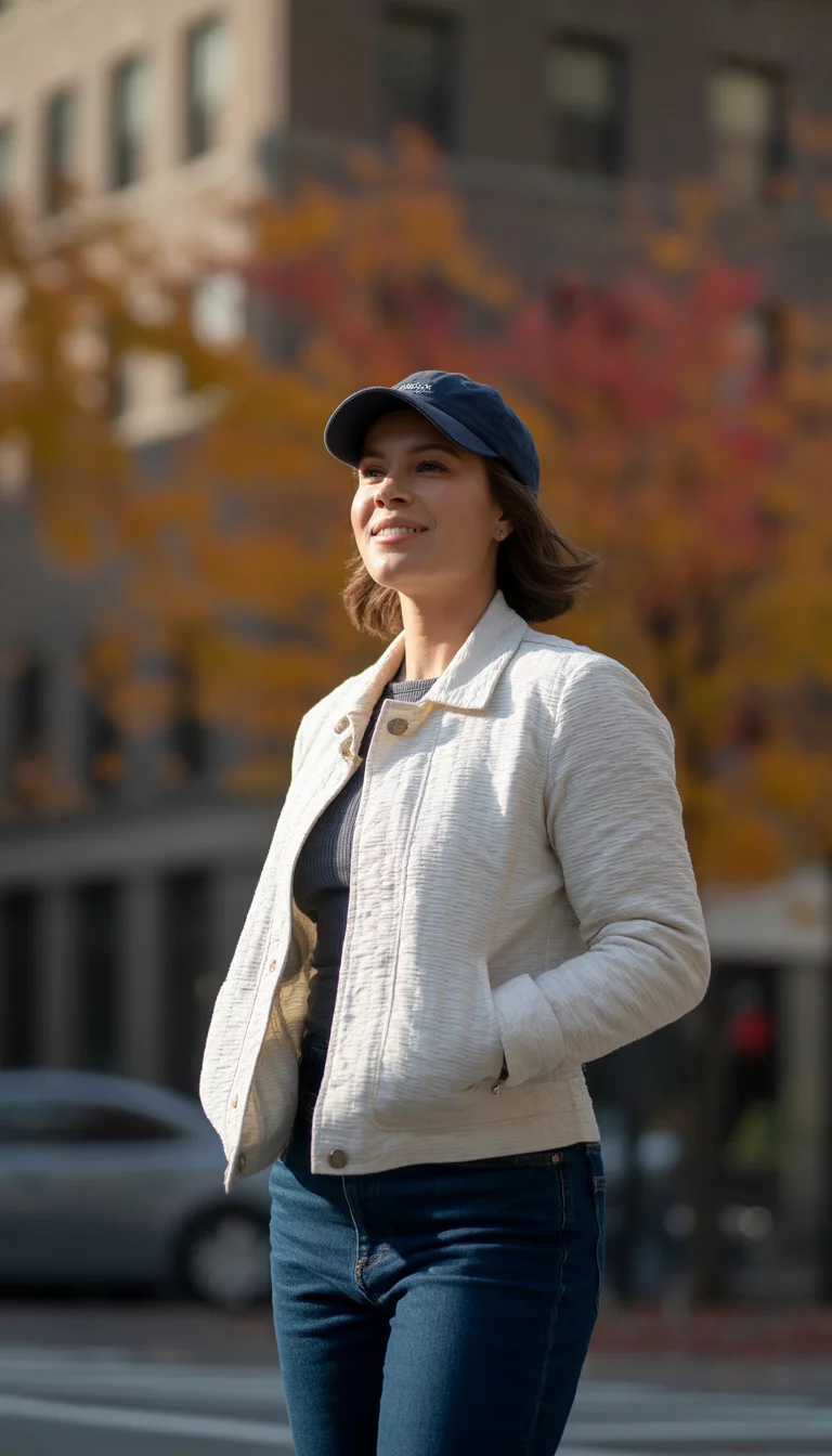 A beautiful 28-year-old woman in a textured white jacket, dark wash blue jeans, and a navy baseball cap, standing against a city backdrop with fall foliage.