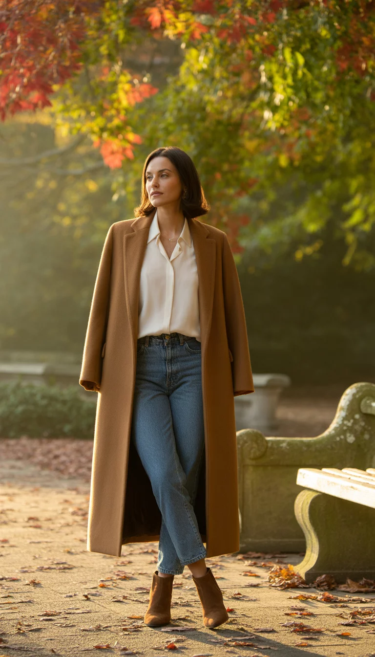 A beautiful 32-year-old woman in a camel wool coat, white silk blouse, blue denim jeans, and brown suede ankle boots, standing in an autumnal park setting.