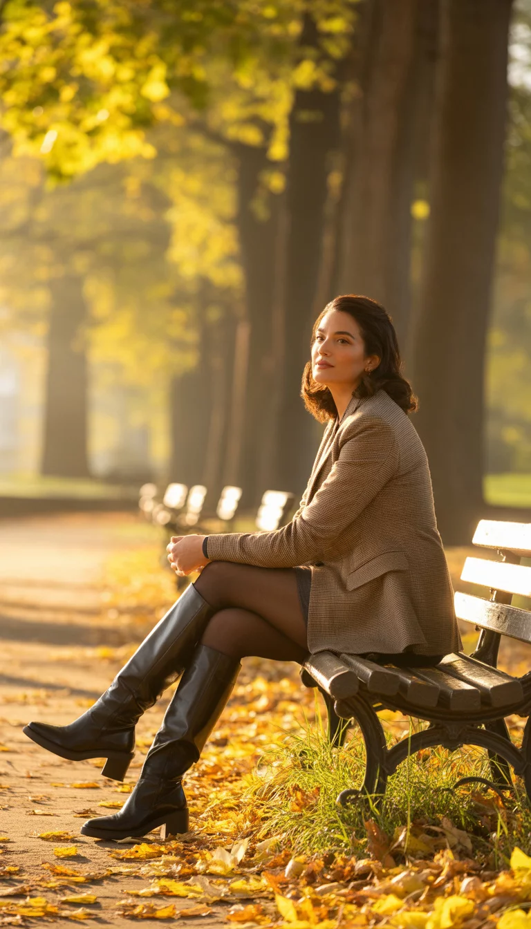 A beautiful 37-year-old woman in a brown plaid blazer, black tights, and tall black leather boots, sitting on a park bench surrounded by autumn leaves.