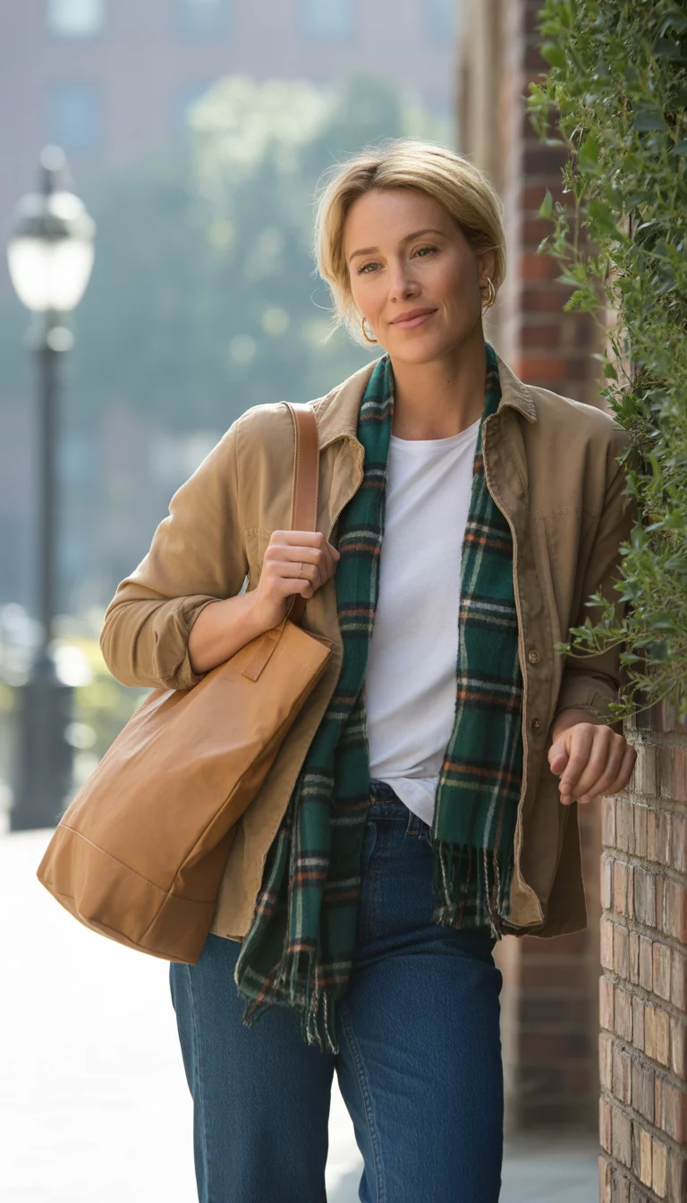 A beautiful 31-year-old woman in a tan jacket, white t-shirt, dark blue jeans, green plaid scarf, and a tan leather tote bag, standing outdoors.