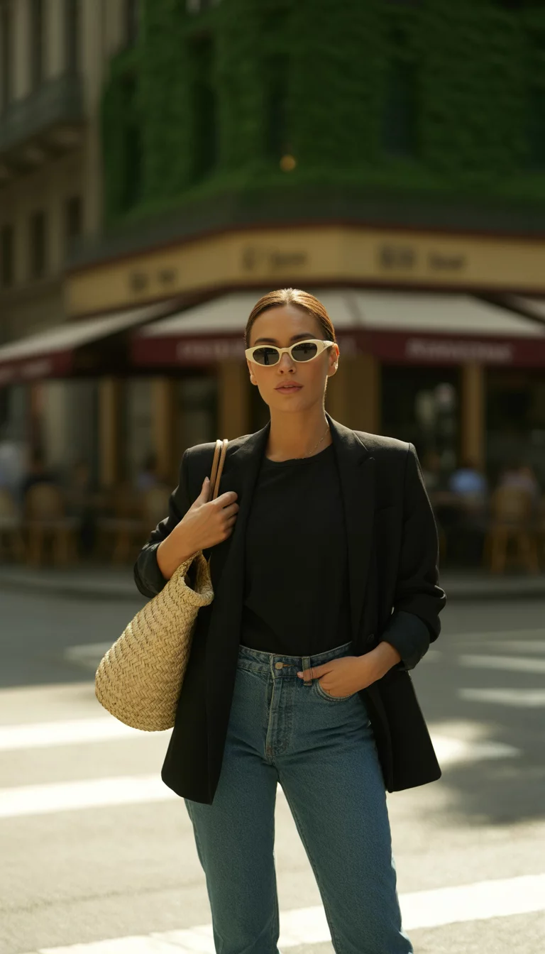 Sharp Black Blazer And Straw Bag A beautiful 33-year-old woman in a black t-shirt, blue jeans, black blazer, white sunglasses, she carries a straw bag.