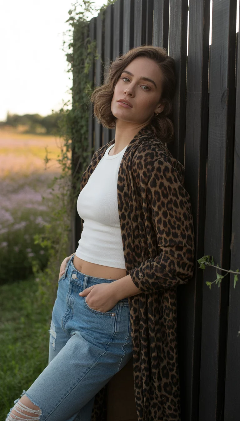 Leopard Cardigan And White Crop Top A beautiful 24-year-old woman in ripped jeans, a white crop top, and a leopard print cardigan, she poses near a black fence.