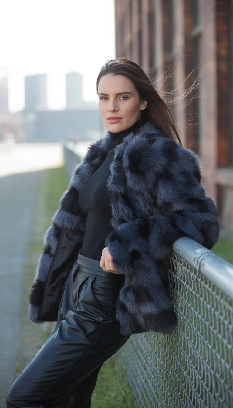 Dramatic Fur Trim And Leather Pants A beautiful 31-year-old woman in a black top, dramatic fur-trimmed jacket, and leather pants, she stands by a silver fence in an industrial area.