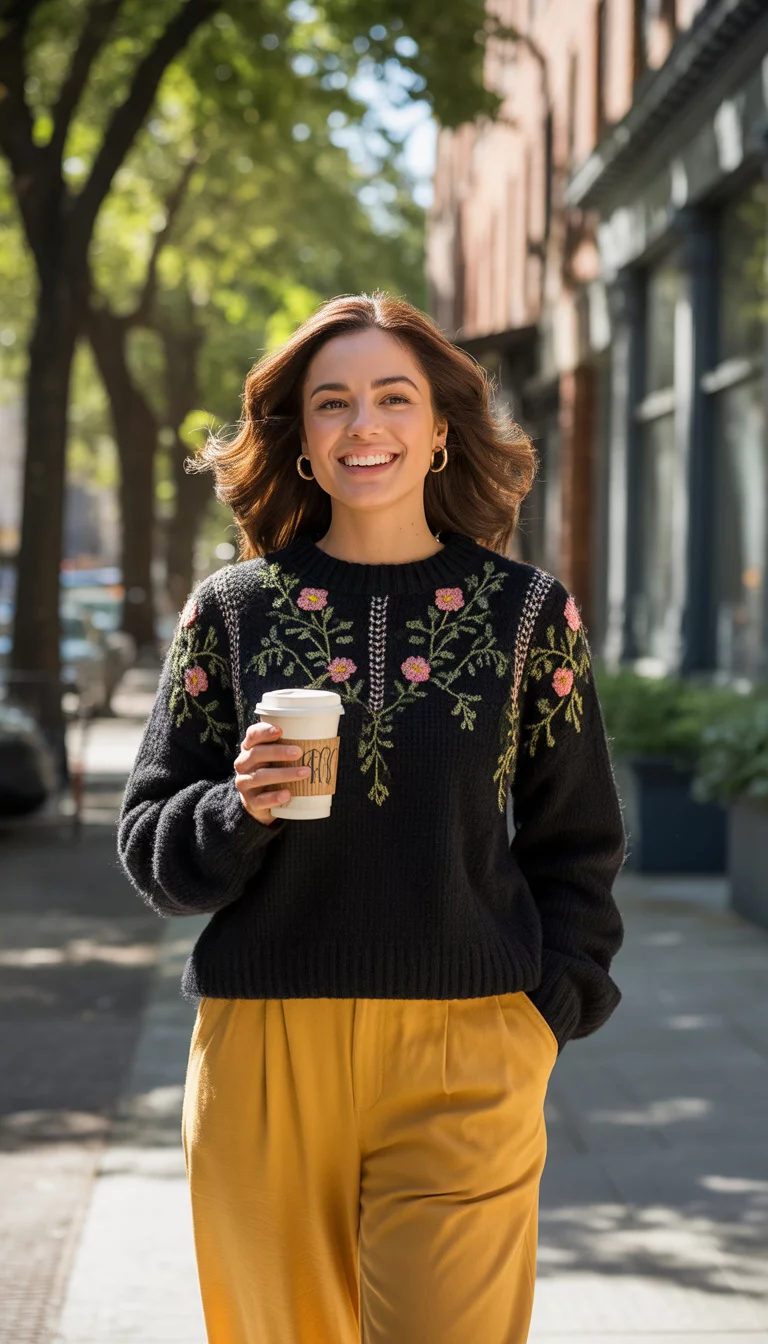 Floral Embroidery And Bright Yellow Pants A beautiful 29-year-old woman in a black knit sweater with floral embroidery and bright yellow pants, she walks down a sidewalk with coffee.