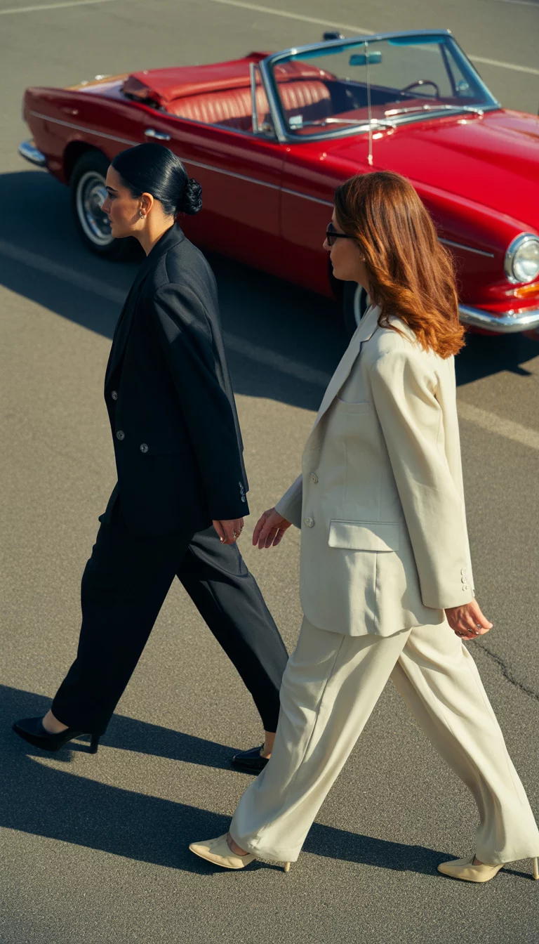 Coordinated Jackets And City Trousers Two beautiful 30-year-old women walk across a parking lot; one wears a black jacket and black trousers, the other a cream jacket and black trousers.