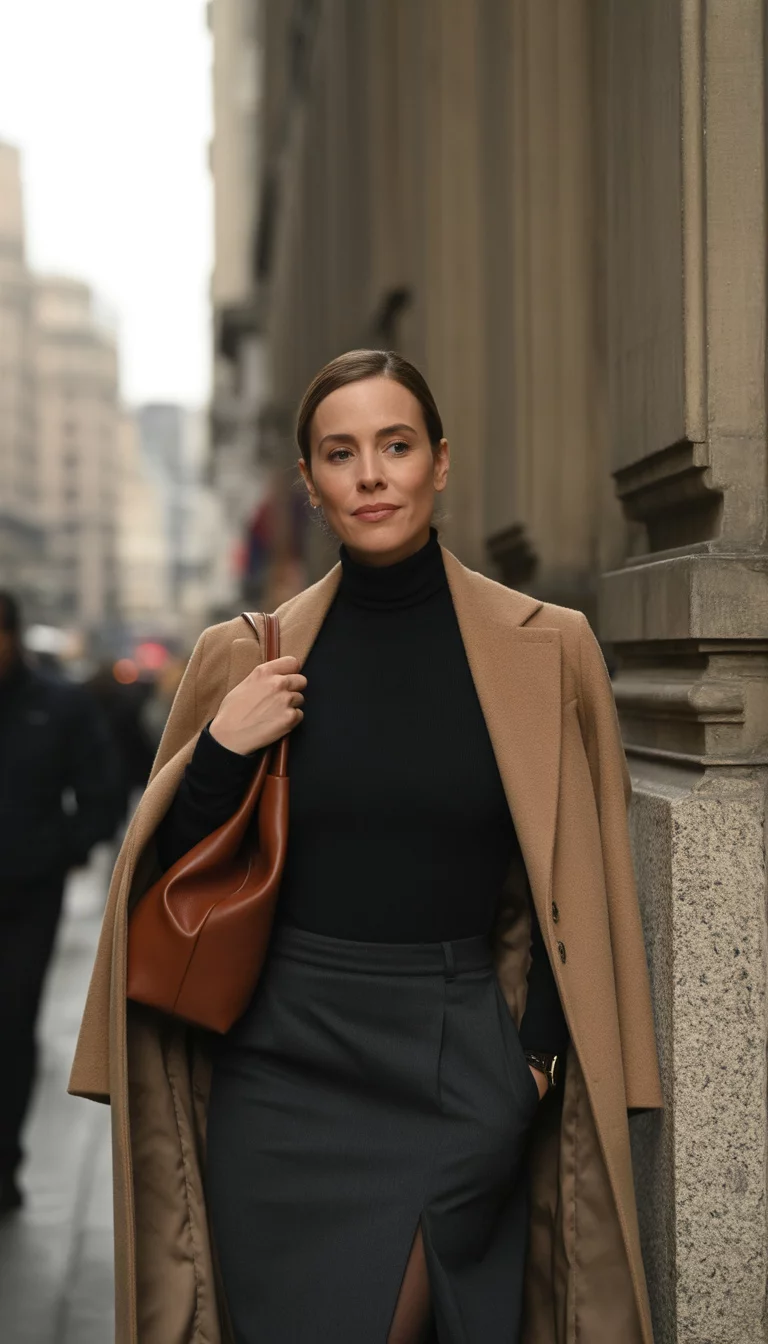 Sophisticated Tan Overcoat And Black Layers A beautiful 34-year-old woman in a black turtleneck, black skirt, tan coat, and a brown leather bag, she poses against a stone building in the city.