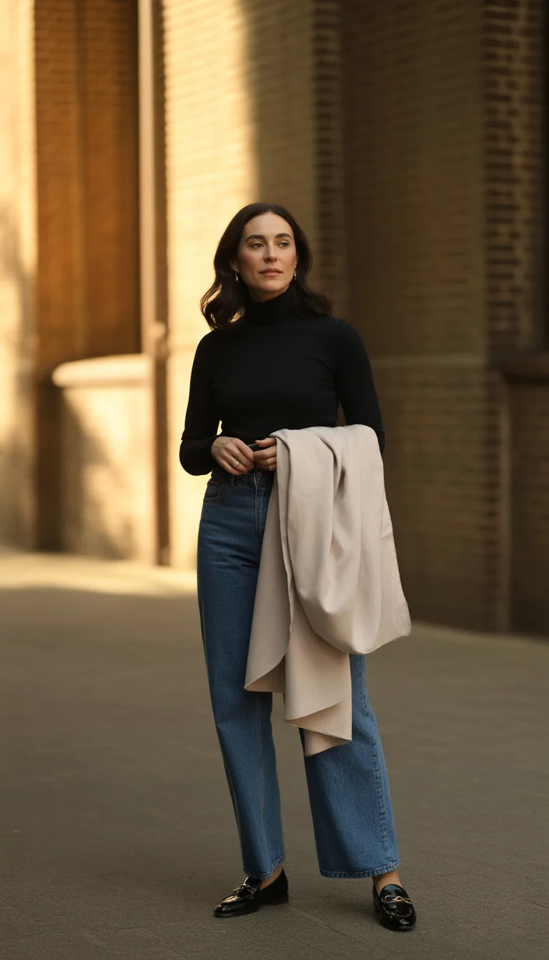 Wide Leg Jeans And Casual Loafers A beautiful 32-year-old woman in a black turtleneck, wide-leg jeans, black loafers, and a scarf over her shoulder, she poses outdoors.