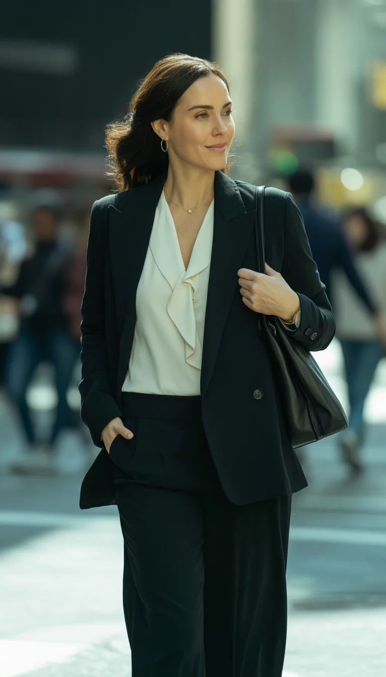 Ruffled Blouse And Wide Leg Trousers A beautiful 38-year-old woman in a black blazer, white ruffled blouse, and wide-leg black pants, she walks on a city sidewalk with a black bag.