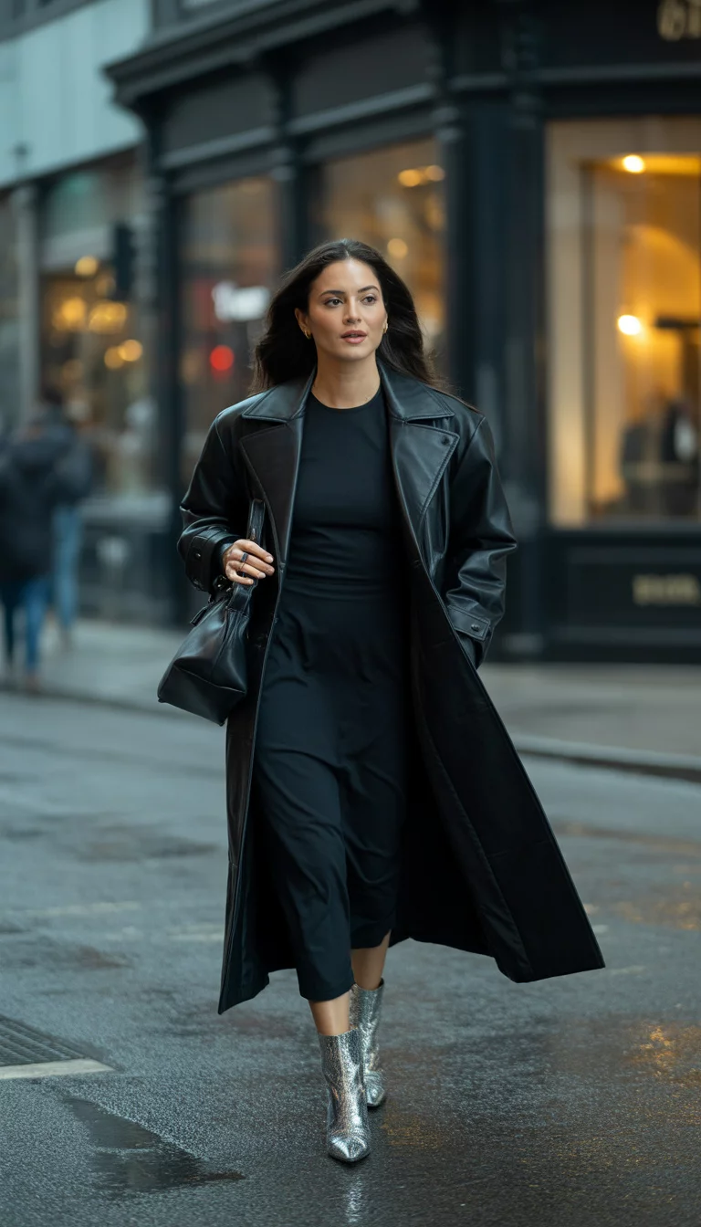 Leather Trench And Silver Boots A beautiful 30-year-old woman in a black midi dress, leather coat, silver boots, she walks down a city street holding a black bag.