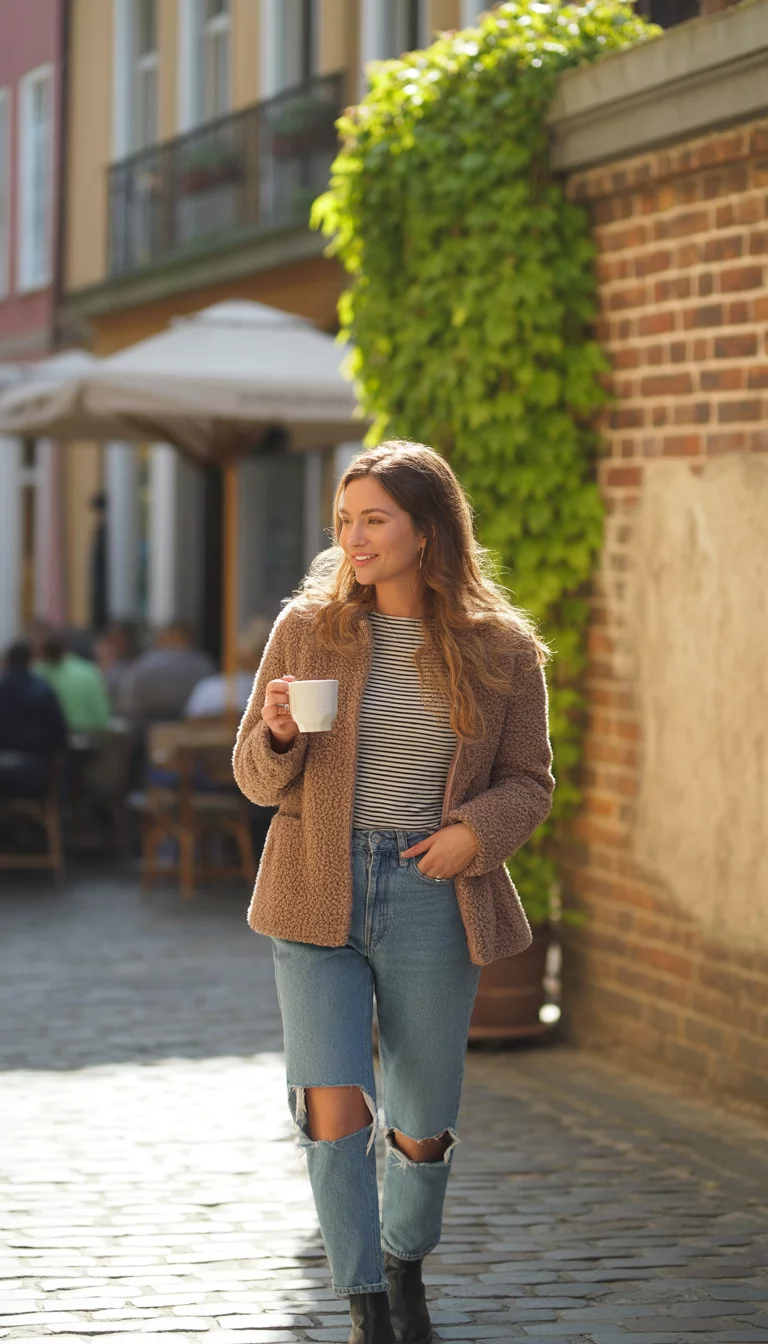 Fluffy Brown Jacket And Distressed Denim A beautiful 27-year-old woman in a striped top, ripped blue jeans, black boots, and a fluffy brown jacket, she holds a white cup.