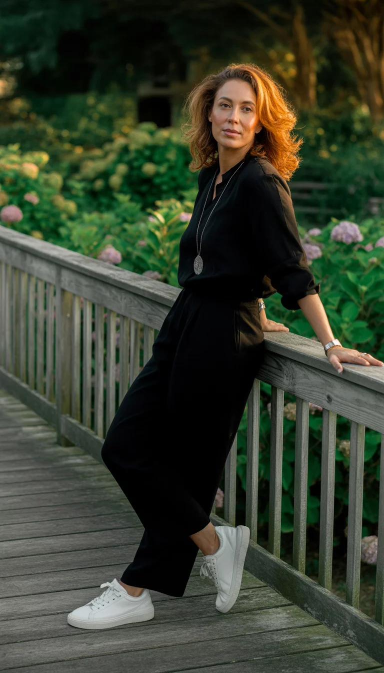 Minimalist Black Jumpsuit And Sneakers A beautiful 36-year-old woman in a black jumpsuit and white sneakers, she wears a long necklace and poses on a wooden deck.