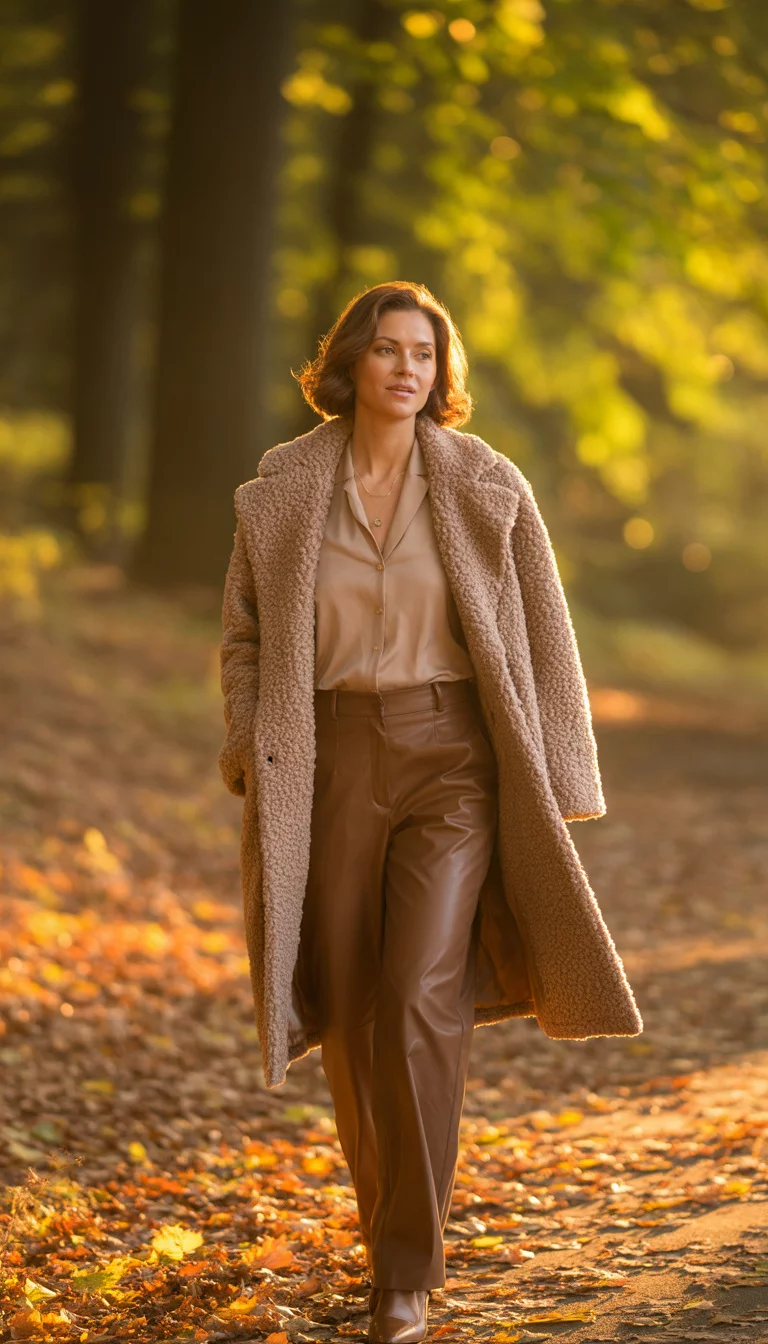Teddy Coat And Brown Leather Pants A beautiful 33-year-old woman in a beige sleeveless top, brown leather pants, and a fluffy teddy coat, she walks on a leaf-strewn path.