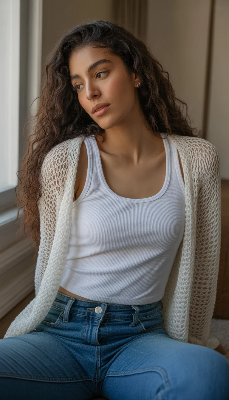 A beautiful 22-year-old latina in a white ribbed tank top, a sheer white knit shrug, and low rise blue jeans, she takes a mirror selfie indoors with warm lighting.