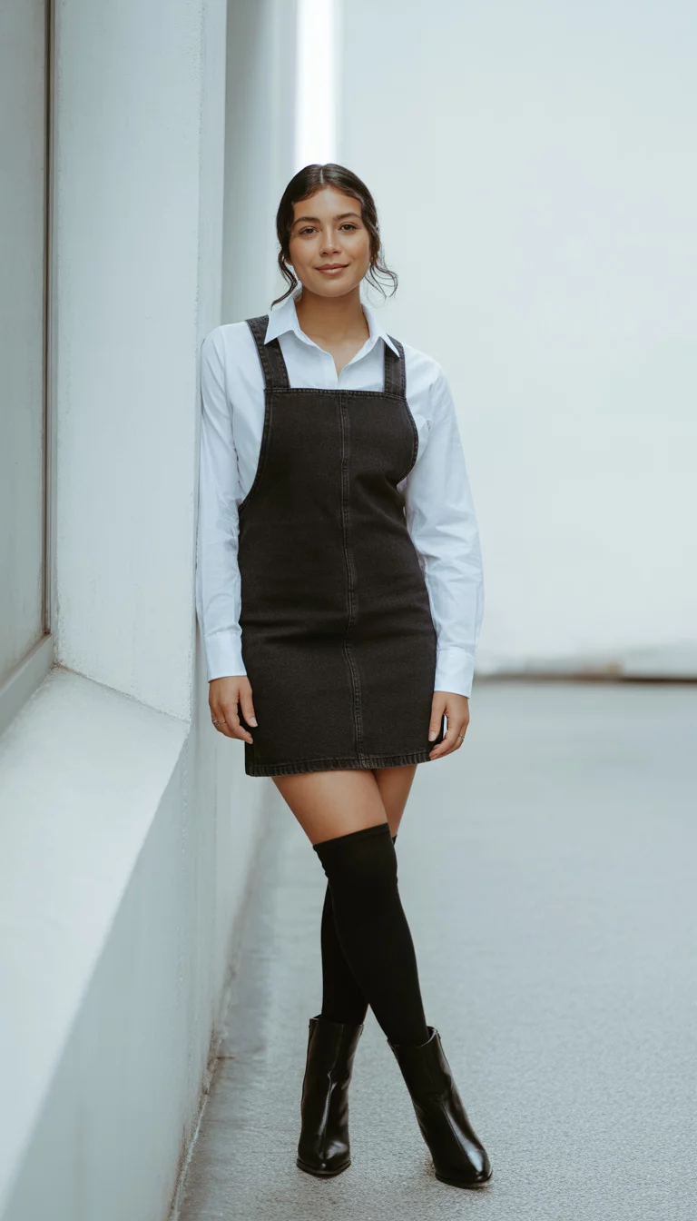 A beautiful 23-year-old latina in a white long sleeve shirt, a black denim pinafore dress, black thigh high socks, and black leather ankle boots, she poses indoors against a white wall.