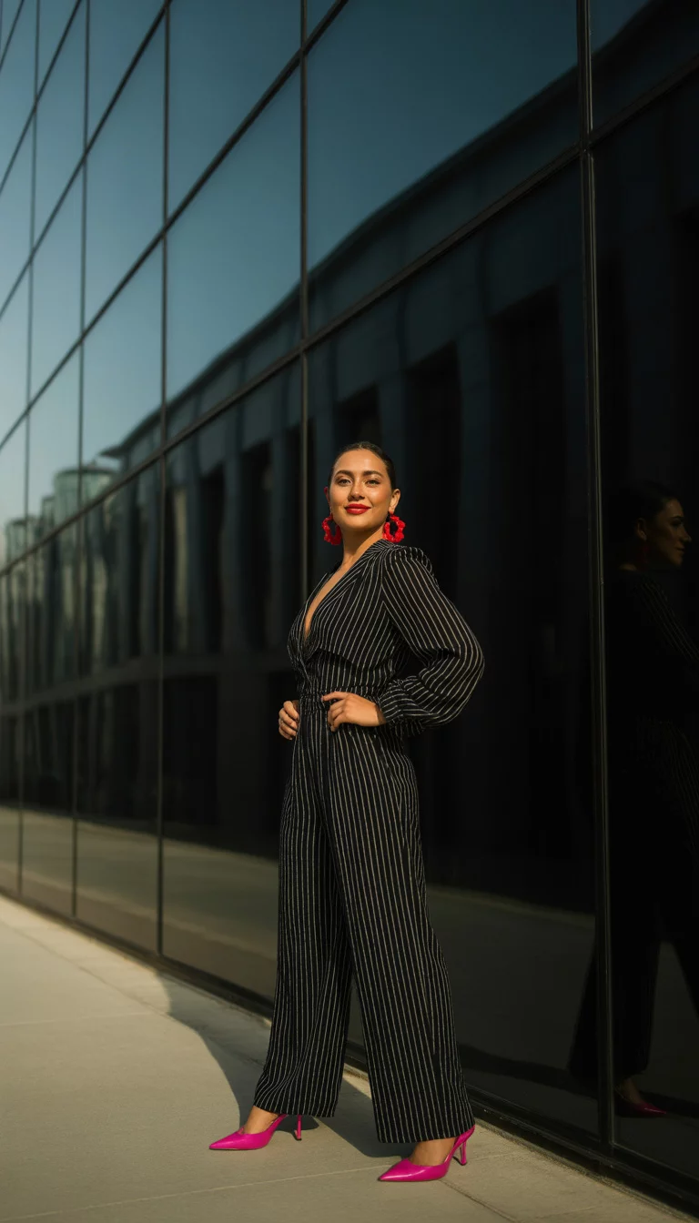 A beautiful 28-year-old latina in a bold striped jumpsuit with vertical lines, pink pointed toe heels, and large red hoop earrings, she poses in front of a modern glass building.