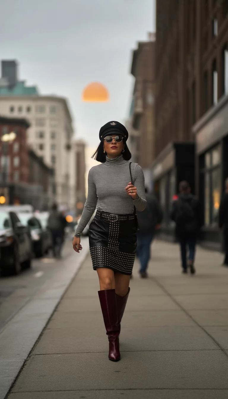 A beautiful 34-year-old latina in a striped knit turtleneck, a black studded leather skirt, a black captain cap, black sunglasses, and burgundy leather boots, she walks forward on a city sidewalk.