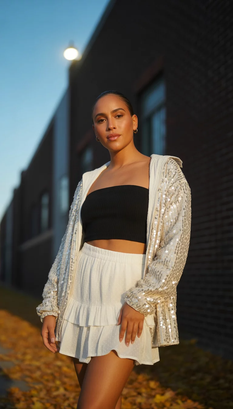 A beautiful 22-year-old latina in a black cotton tube top, a white sequined jacket, and a ruffled white mini skirt, she stands outdoors against a dark brick wall during a clear autumn evening.