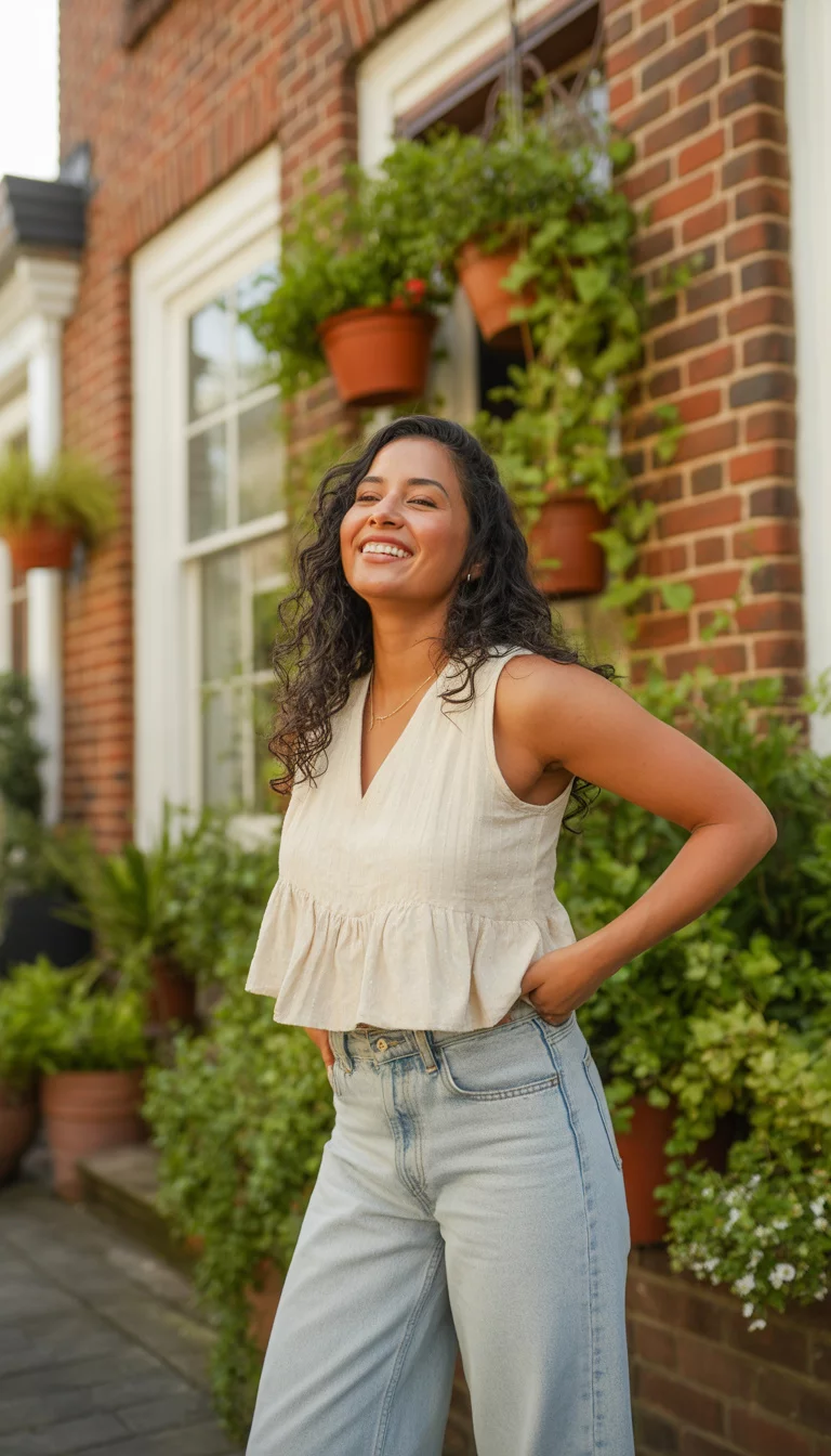 A beautiful 26-year-old latina in a cream ruffled sleeveless top and light wash wide leg jeans, she smiles while standing in front of a traditional red brick house with green plants.