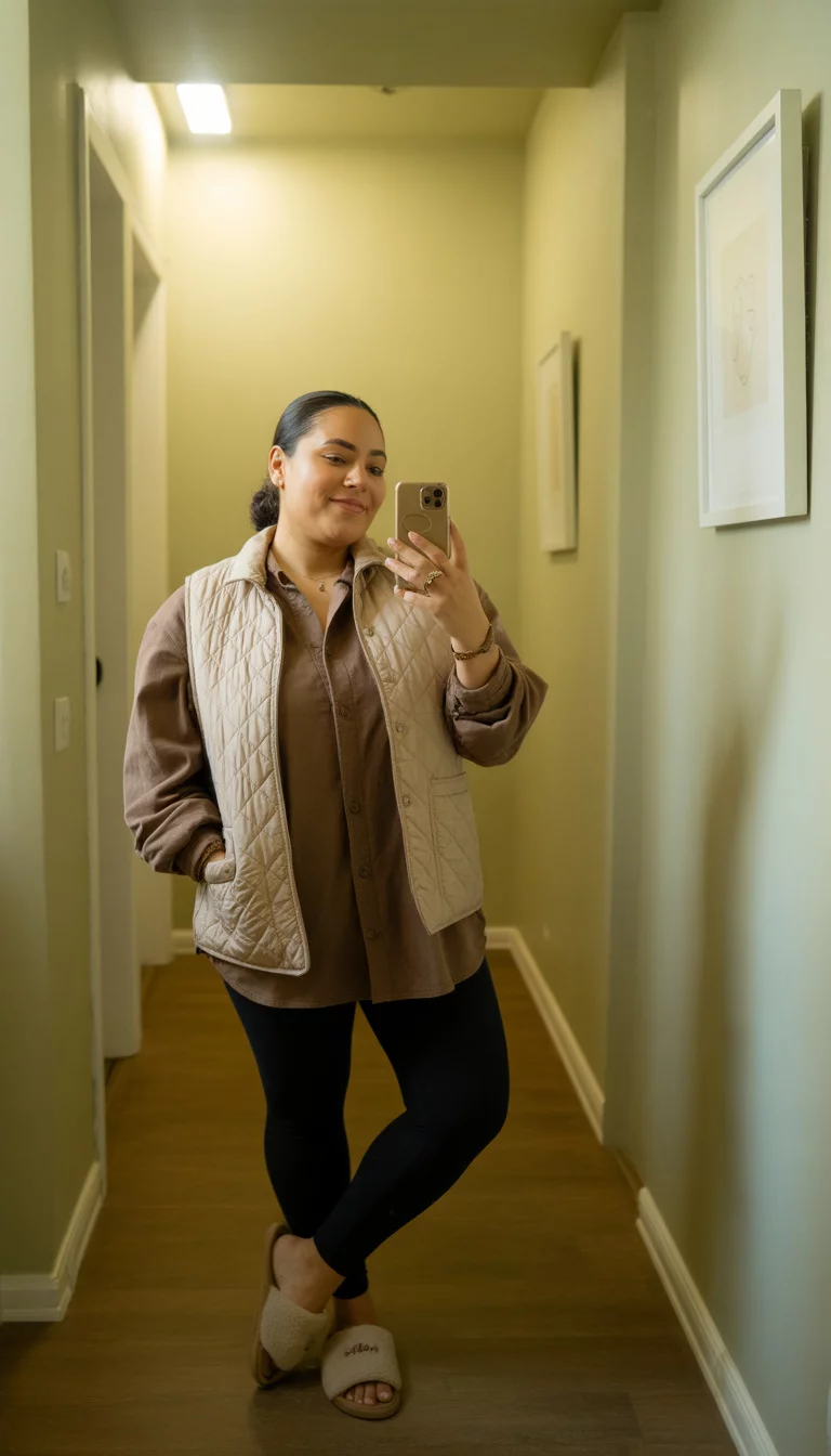 A beautiful 31-year-old latina in a brown long sleeve shirt, a beige quilted vest, black leggings, and beige fuzzy slippers, she takes a mirror selfie in a hallway with soft yellow lighting.