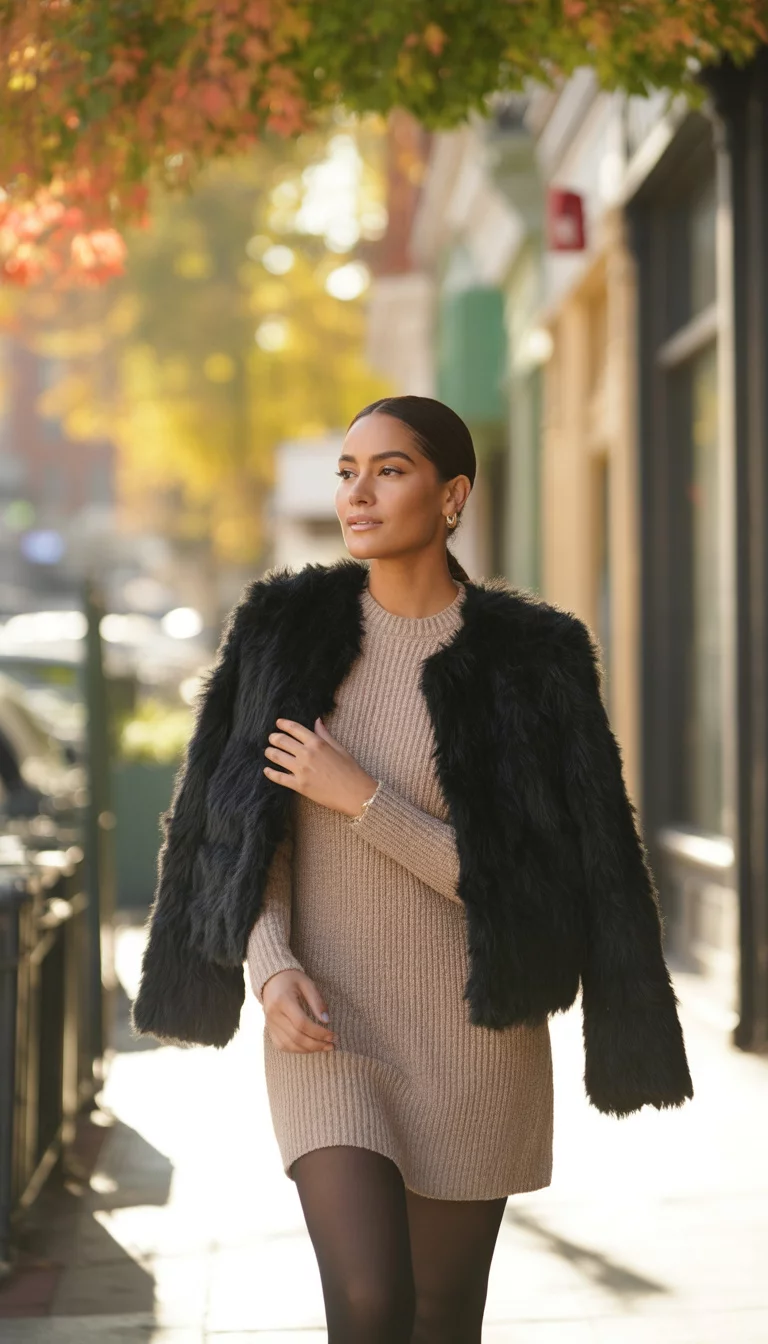 A beautiful 25-year-old latina in a beige knit mini dress, a black furry faux fur jacket, and black sheer tights, she walks down a city sidewalk lined with autumn trees and small shops.