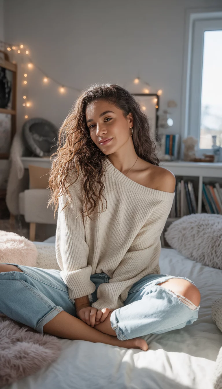 A beautiful 21-year-old latina in a cream off the shoulder oversized sweater and distressed light wash jeans, she takes a mirror selfie in a messy but cozy teenage bedroom.