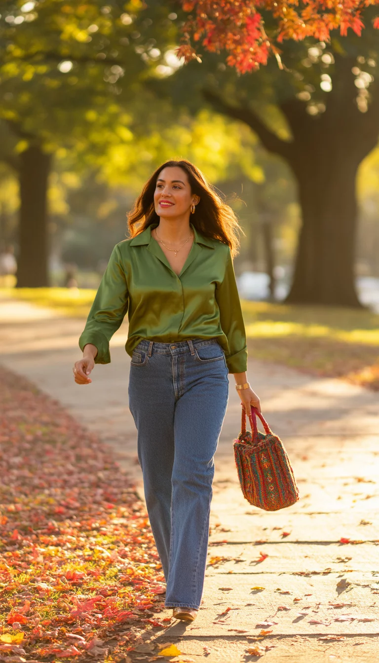 A beautiful 38-year-old latina in an olive green silk blouse and blue straight leg jeans, she carries a colorful embroidered handbag while walking through a sunny park during autumn.