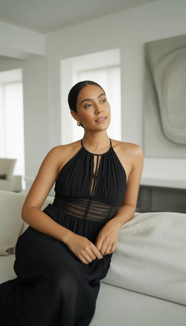 A beautiful 33-year-old latina in a black halter neck dress with sheer mesh panels and gathered fabric details, she poses in a brightly lit modern living room with white walls.