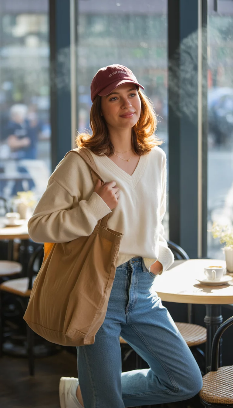 The Weekend Study Session A beautiful 16-year-old woman in a cream v-neck sweater, high-waisted blue jeans, a burgundy baseball cap, a large brown tote bag, and white sneakers, she stands in a cozy cafe.