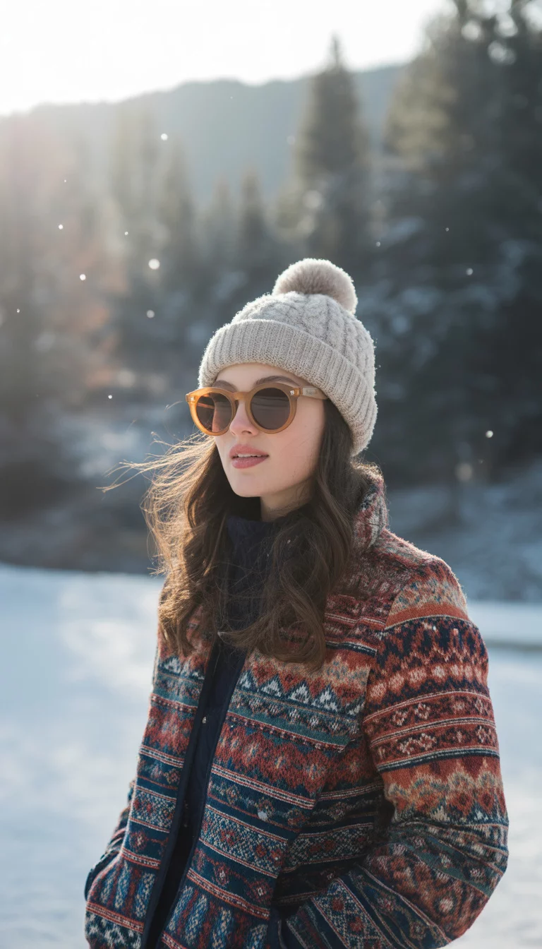 Winter Is Coming A beautiful 17-year-old woman in a colorful patterned jacket, a winter hat, and circular wooden sunglasses, she poses in a snowy landscape.