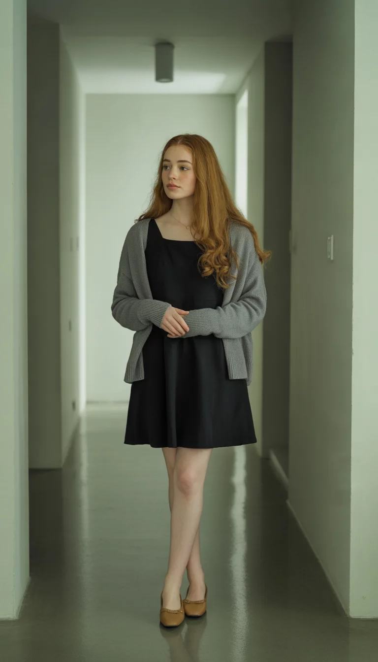Budget-Friendly Faculty Style A beautiful 18-year-old woman in a black shift dress, a grey cardigan, and tan ballet flats, she stands in a minimalist hallway.