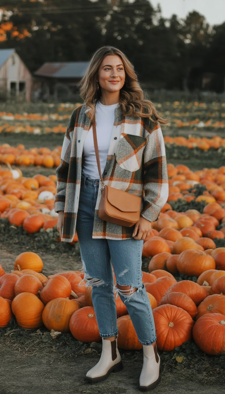 The Shacket Harvest Look A beautiful 18-year-old woman in a plaid shacket, white t-shirt, ripped blue jeans, and white chelsea boots, she carries a crossbody bag at a pumpkin patch.