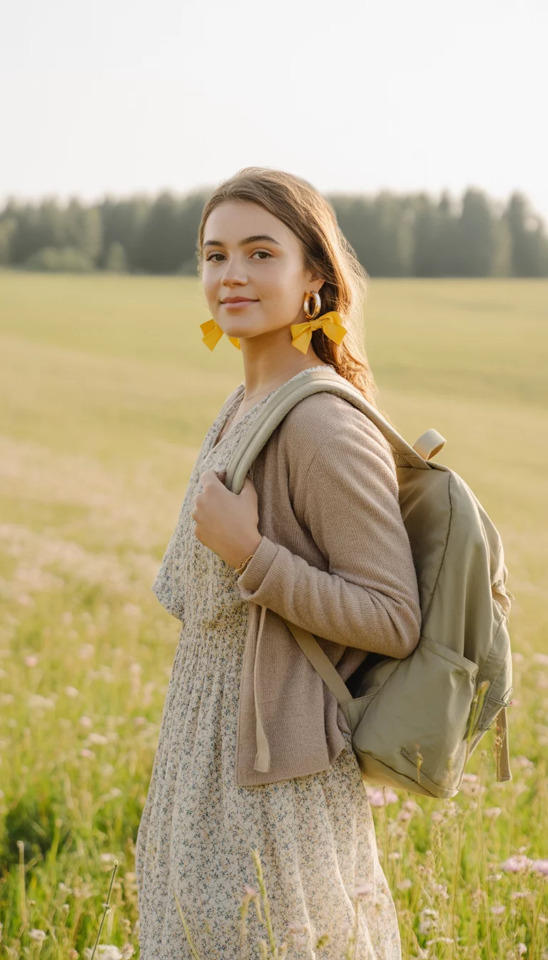 Golden Floral Flat Lay A beautiful 16-year-old woman in a floral print dress, beige cardigan, yellow bow slides, and gold hoop earrings, she carries a beige backpack.