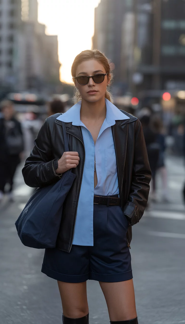 Rebel With A Tote A beautiful 17-year-old woman in a light blue collared shirt, black leather jacket, navy shorts, and black boots, she carries a dark tote bag and wears sunglasses.