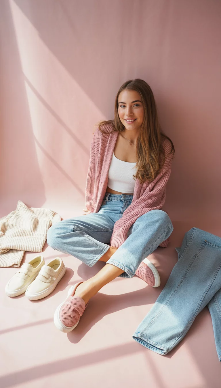 Curated Color Palettes A beautiful 16-year-old woman in a pink cardigan, white crop top, light blue jeans, and pink slip-on shoes, she sits against a soft pink background with various outfit flat lays nearby.