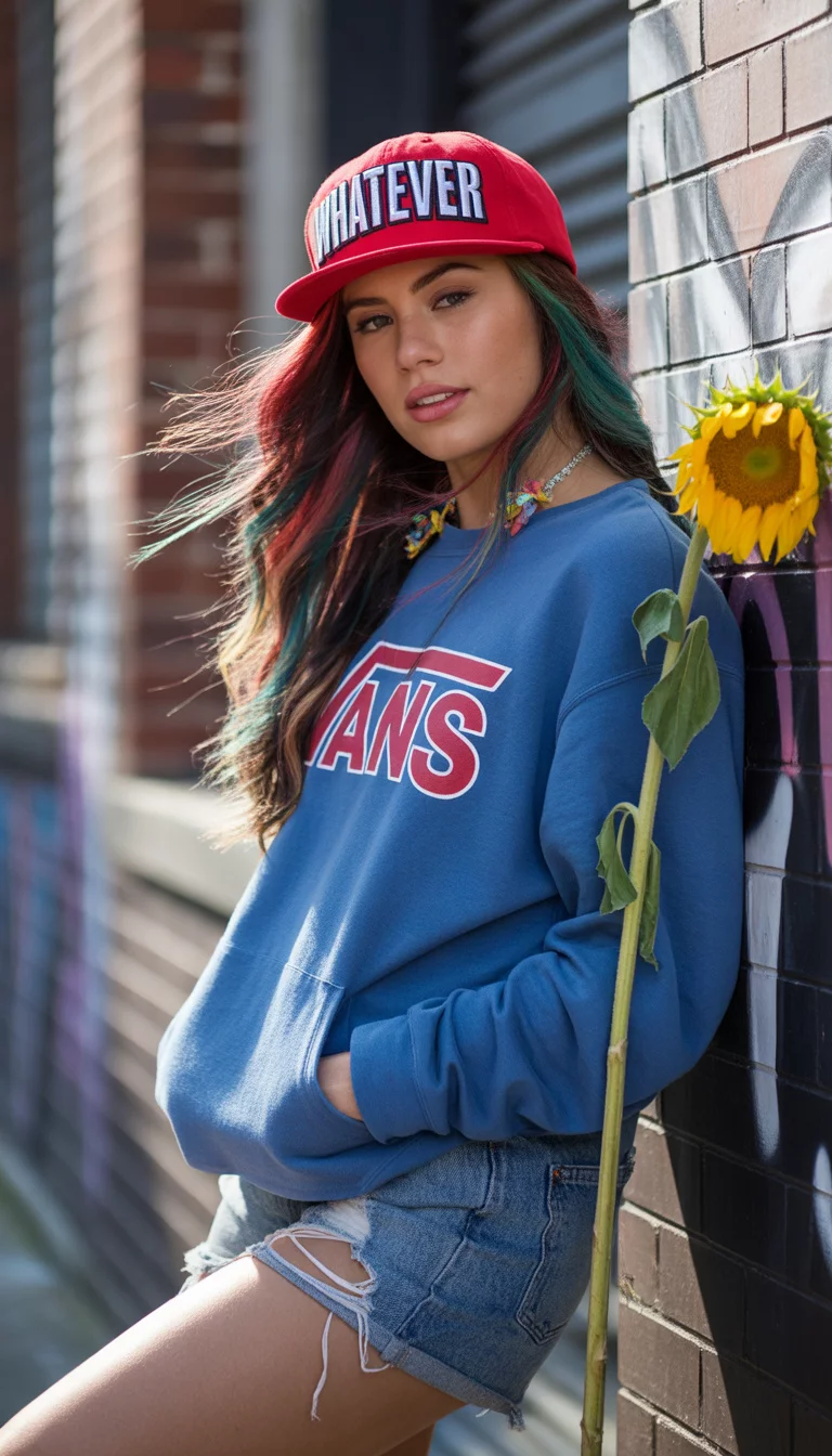 Graphic Edge and Bold Statements A beautiful 17-year-old woman in a blue Vans sweatshirt, a red cap that says 'WHATEVER', denim shorts, and colorful hair clips, she poses in a cool urban space.