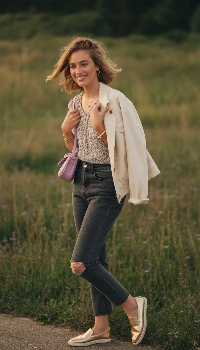 Floral and Denim Combo A beautiful 16-year-old woman in a floral print top, ripped dark wash jeans, a cream jacket on her shoulder, gold slip-on shoes, and a small purple purse, she stands outdoors.
