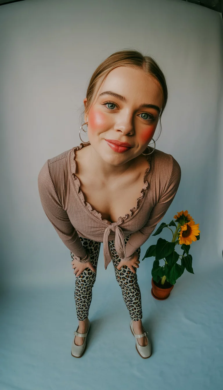 Wild Little Learner A beautiful 18-year-old woman in a brown ribbed ruffled top with a bow, leopard print leggings, and light-colored Mary Jane shoes, she poses in a bright studio.
